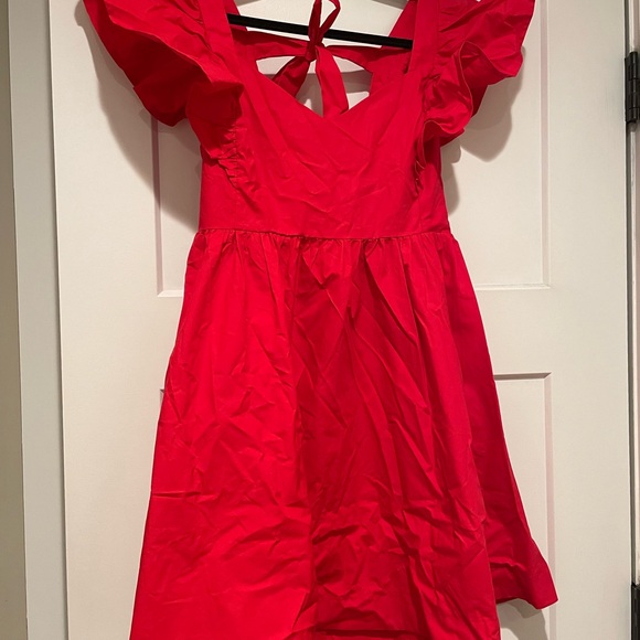 Day + Moon Red Mini Dress. Size: Large. Open Tie Back. Ruffle Sleeve. NWT. - Picture 3 of 12